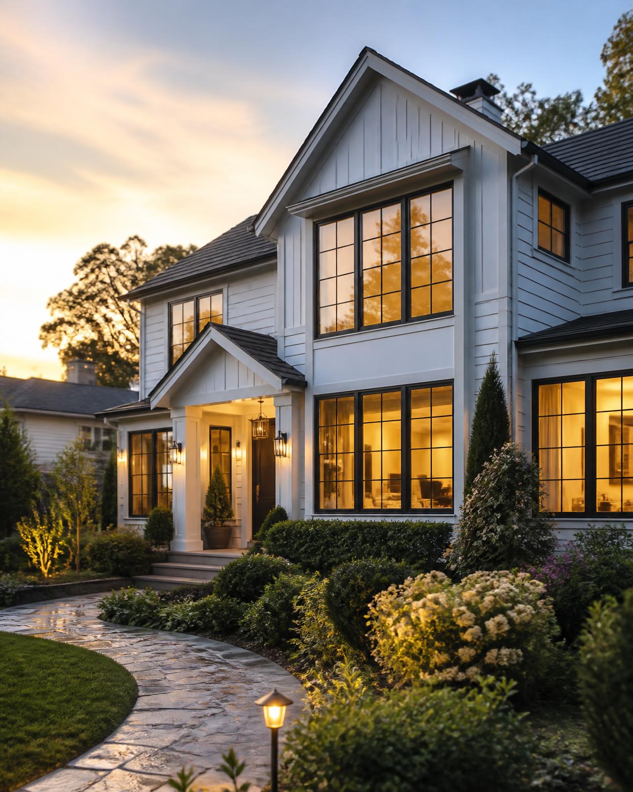 Home at golden hour with new windows glowing